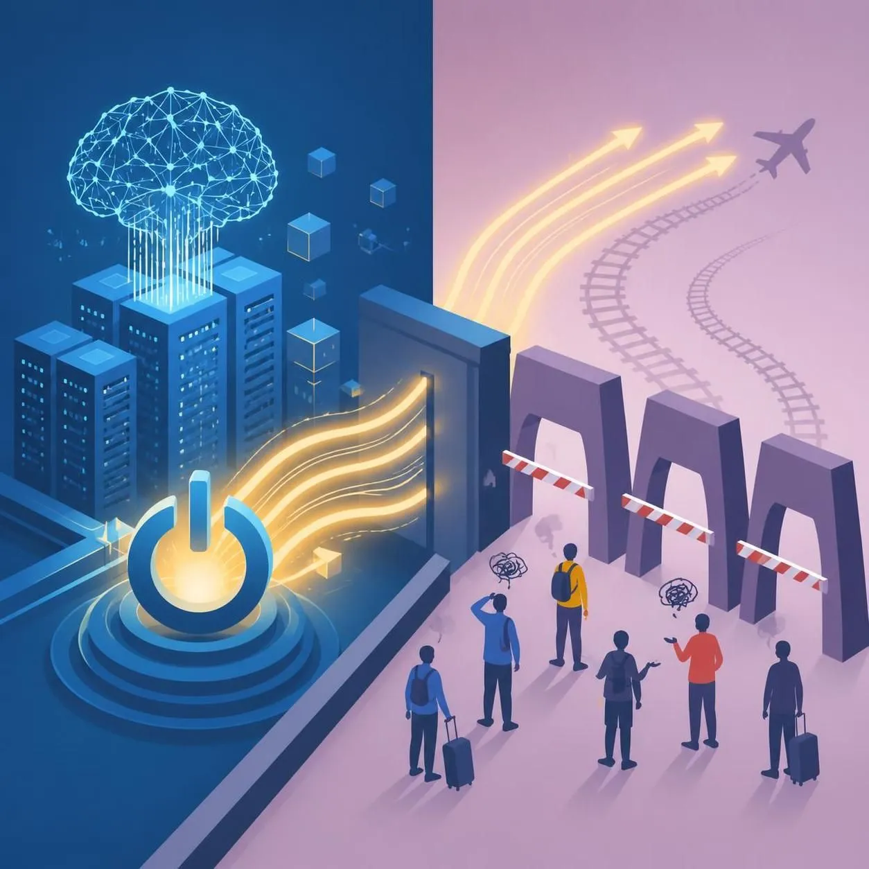 Illustration showing AI energy powering data centers while people face policy barriers that restrict convenient travel