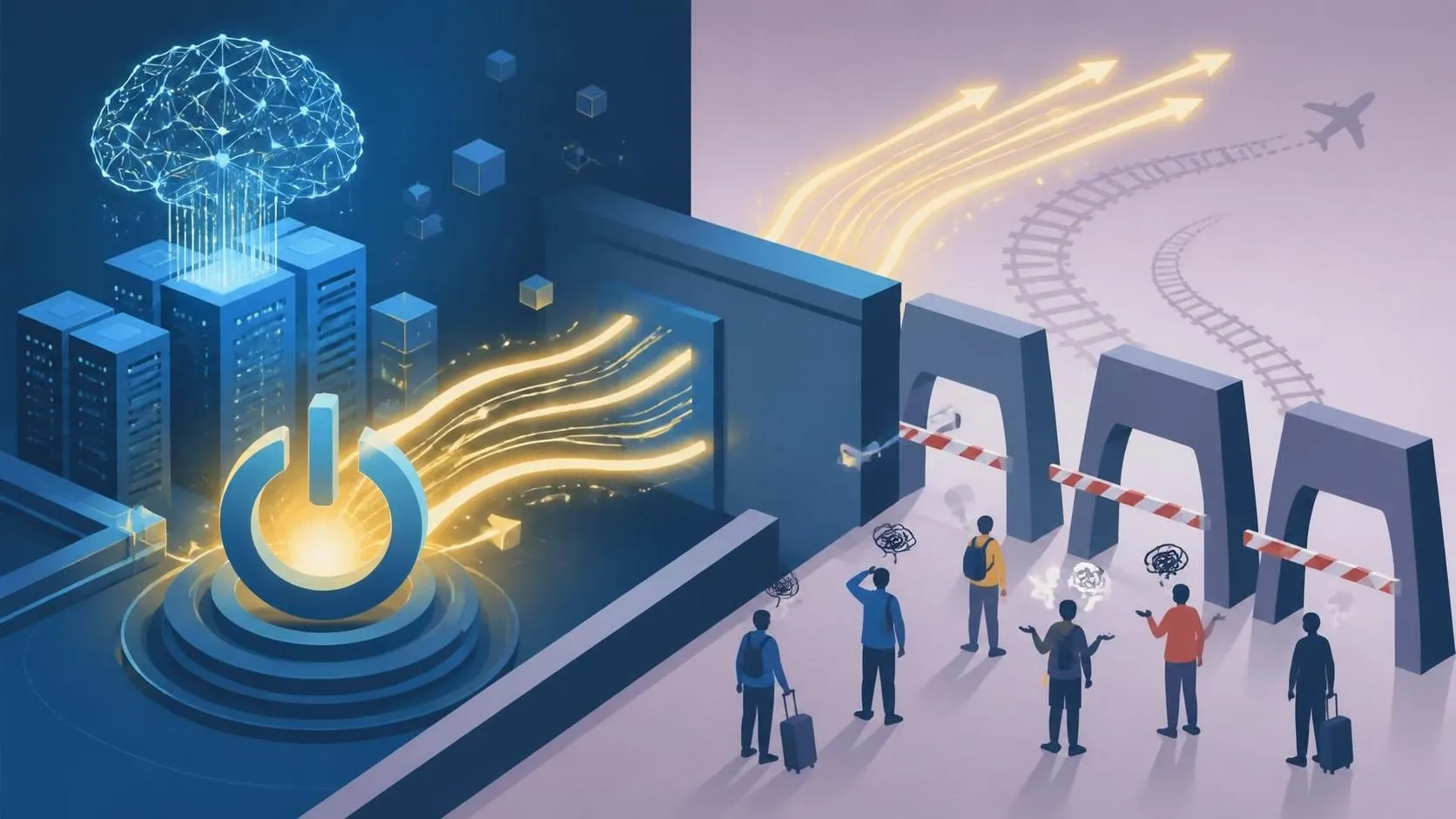 Illustration showing AI energy powering data centers while people face policy barriers that restrict convenient travel