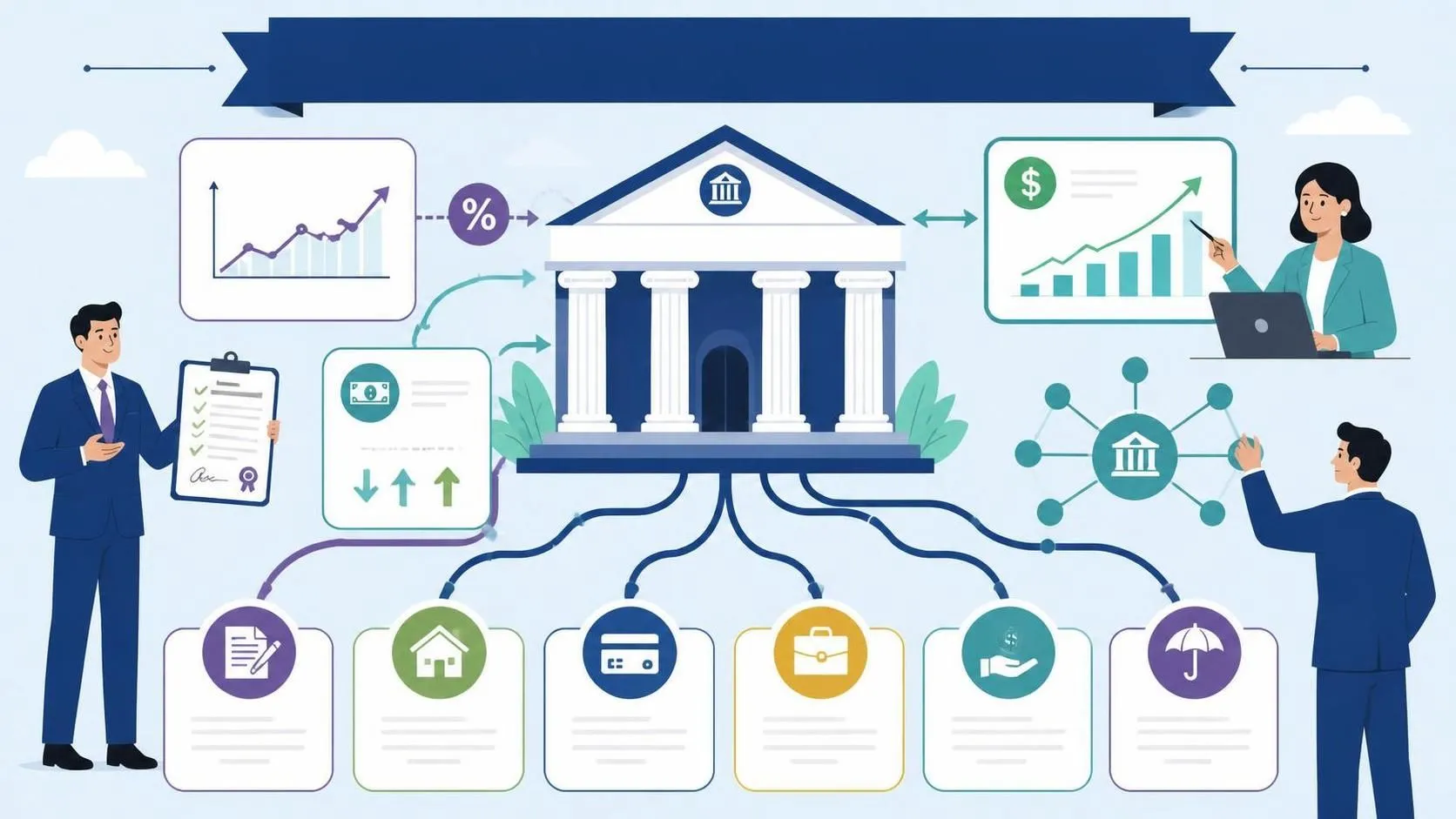 People analyzing finance and housing concepts around a central bank building, using graphs, charts, icons, and network-like connections