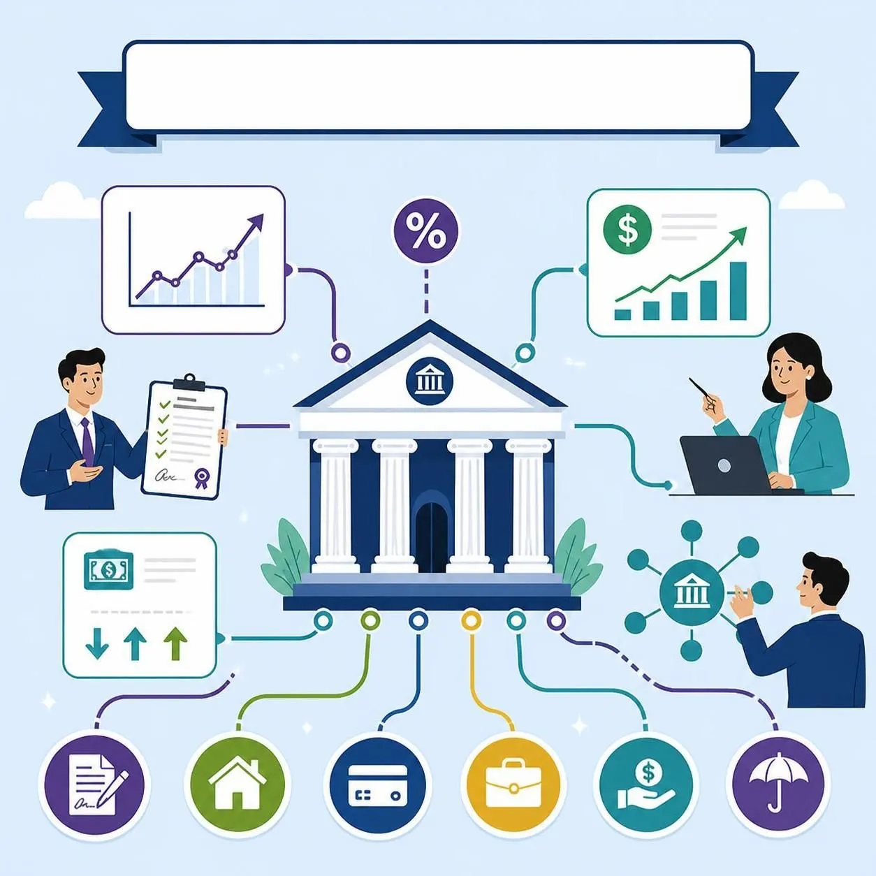 People analyzing finance and housing concepts around a central bank building, using graphs, charts, icons, and network-like connections
