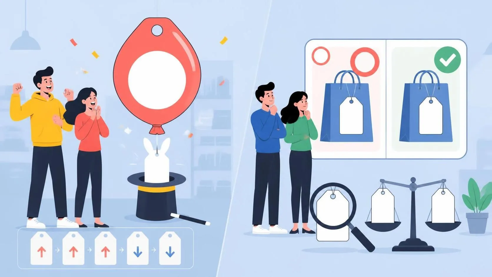 Illustration showing people comparing Black Friday “fake discount” tricks with inflated price tags and a verified deal check