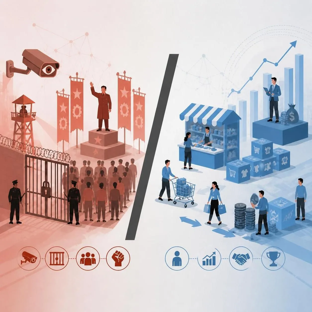 Illustration with a central separator—left side shows repression and a main leader in red, right side shows market activity and inequality in blue.