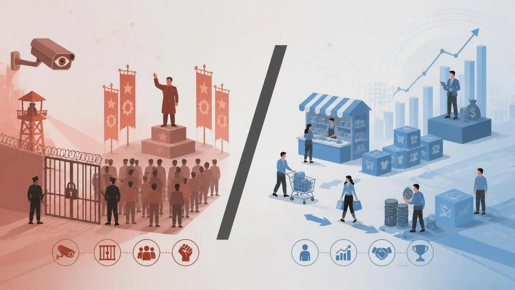 Illustration with a central separator—left side shows repression and a main leader in red, right side shows market activity and inequality in blue.