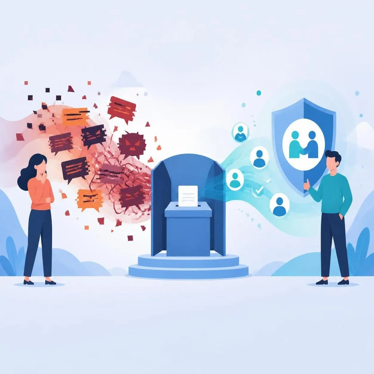 Illustration showing ballot box, glitch-like misinformation fragments, and a trust shield with two stylized people.