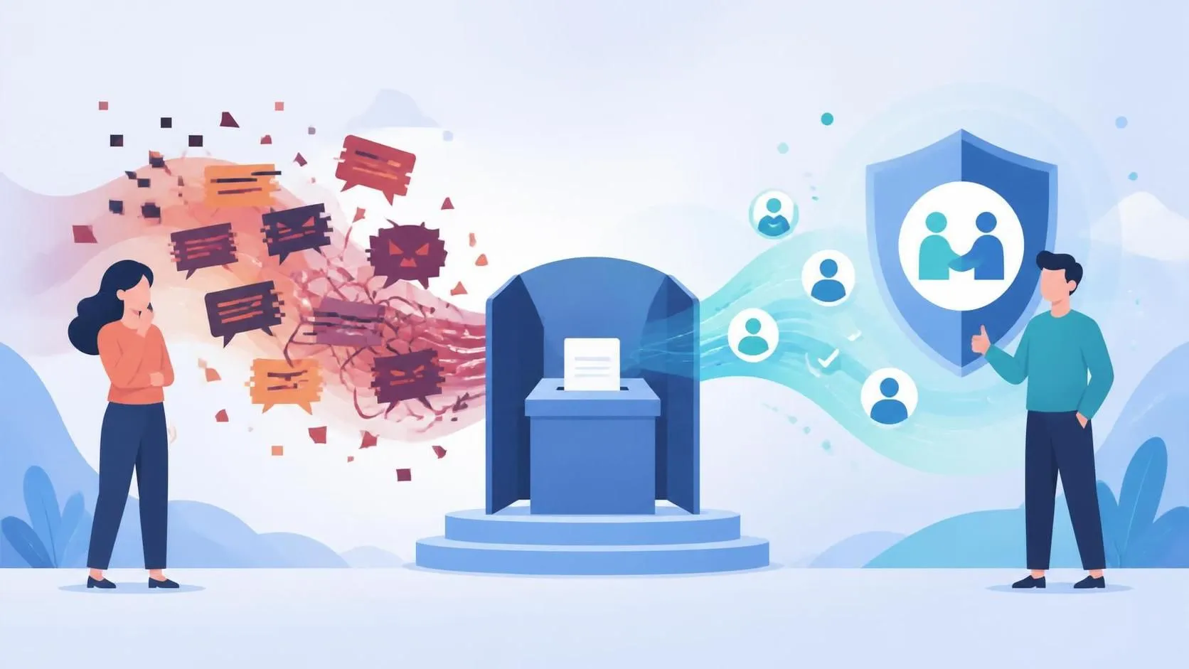 Illustration showing ballot box, glitch-like misinformation fragments, and a trust shield with two stylized people.