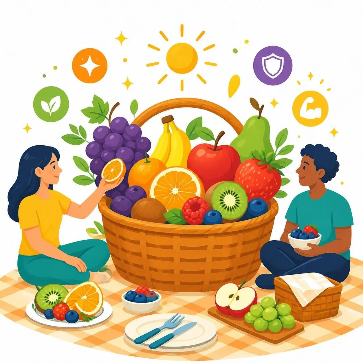 Illustration of a picnic basket overflowing with colorful fruits and people enjoying fruit to get essential vitamins.