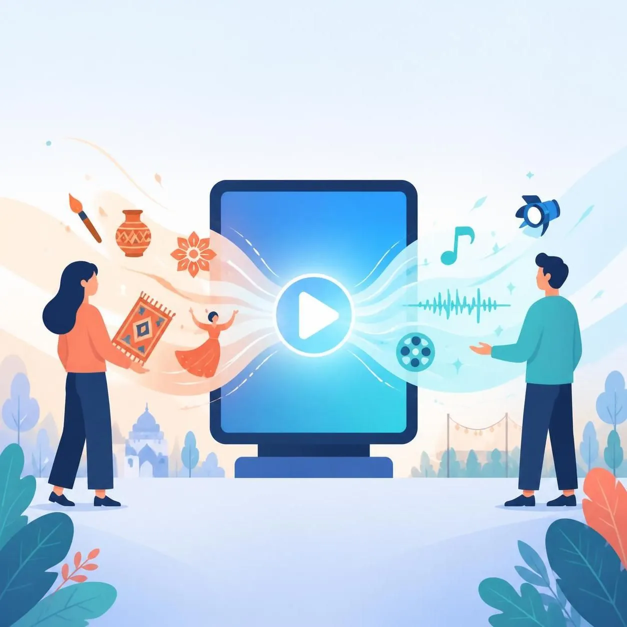 Two people reacting to a central glowing screen with flowing cultural motifs and waves.