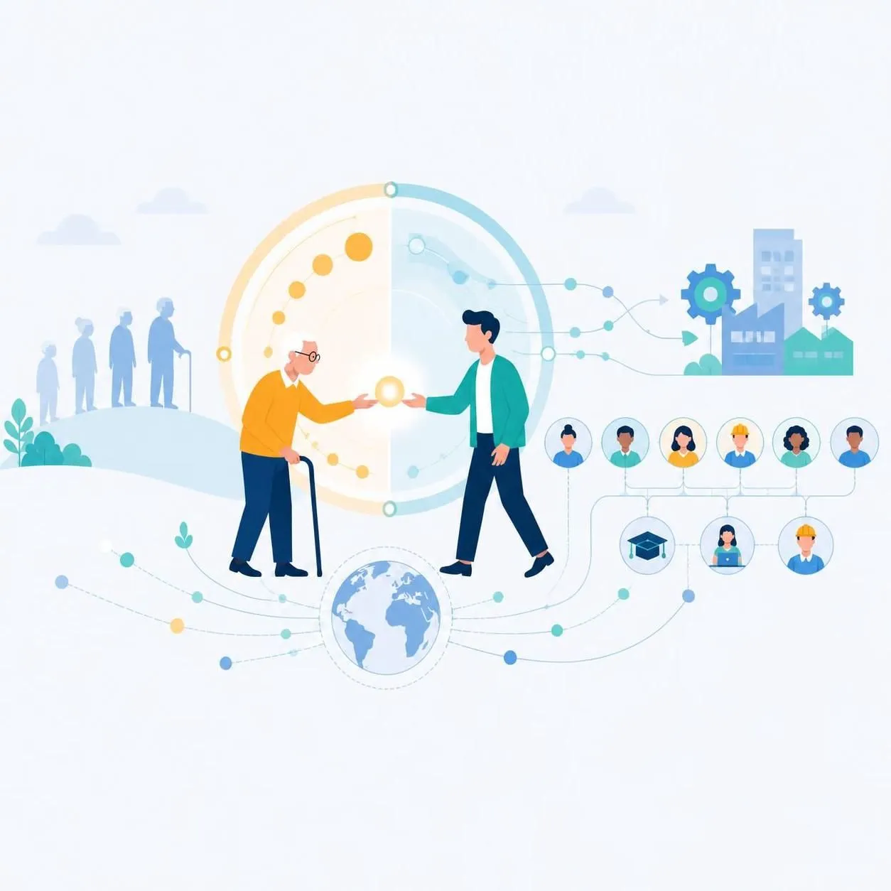 Illustration showing an older and a younger person connected by a glowing token and a global network of labor-market and workforce nodes.