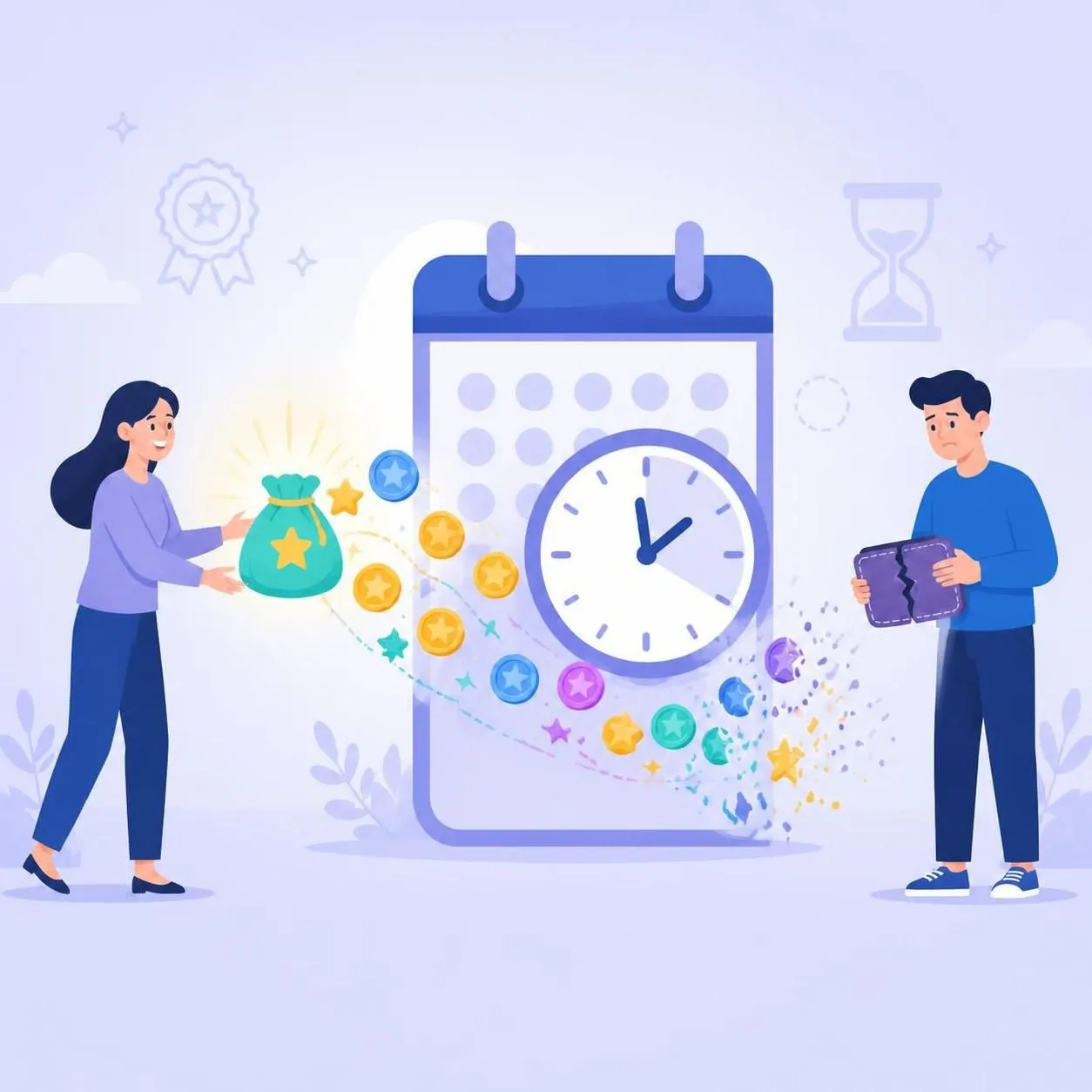 Two simple characters, one reaching toward glowing reward tokens that fall toward an expiring calendar/clock, and the other holding an empty wallet as the tokens turn to confetti.