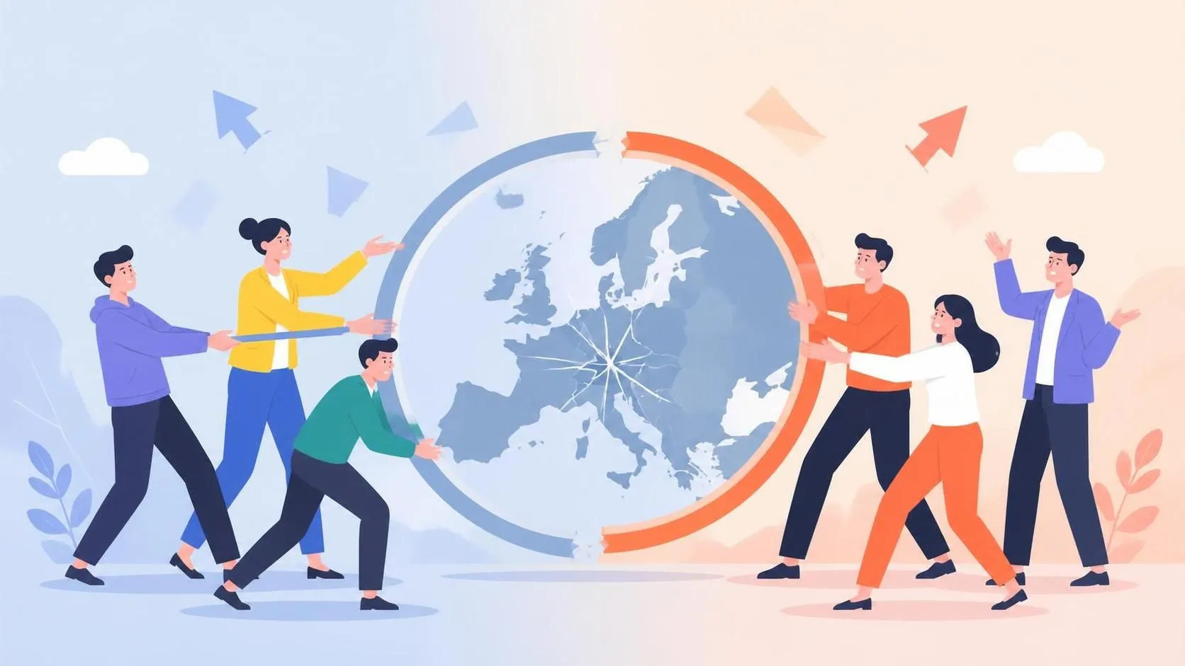 People tugging opposite sides around a cracked central EU-like map, symbolizing political parties conflicts.