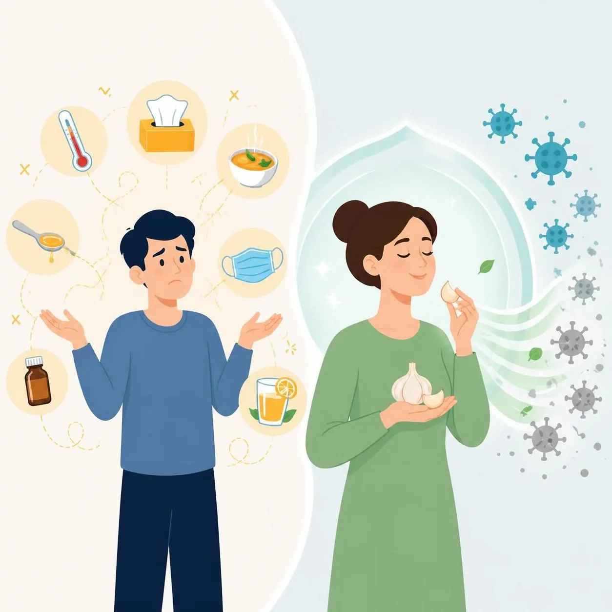 Illustration showing an overwhelmed person trying many remedies on one side and a calm person using raw garlic to help prevent and neutralize virus-like flu particles on the other side