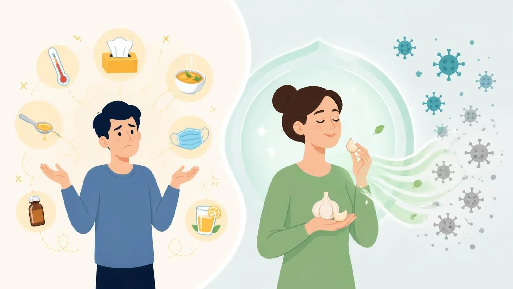 Illustration showing an overwhelmed person trying many remedies on one side and a calm person using raw garlic to help prevent and neutralize virus-like flu particles on the other side.
