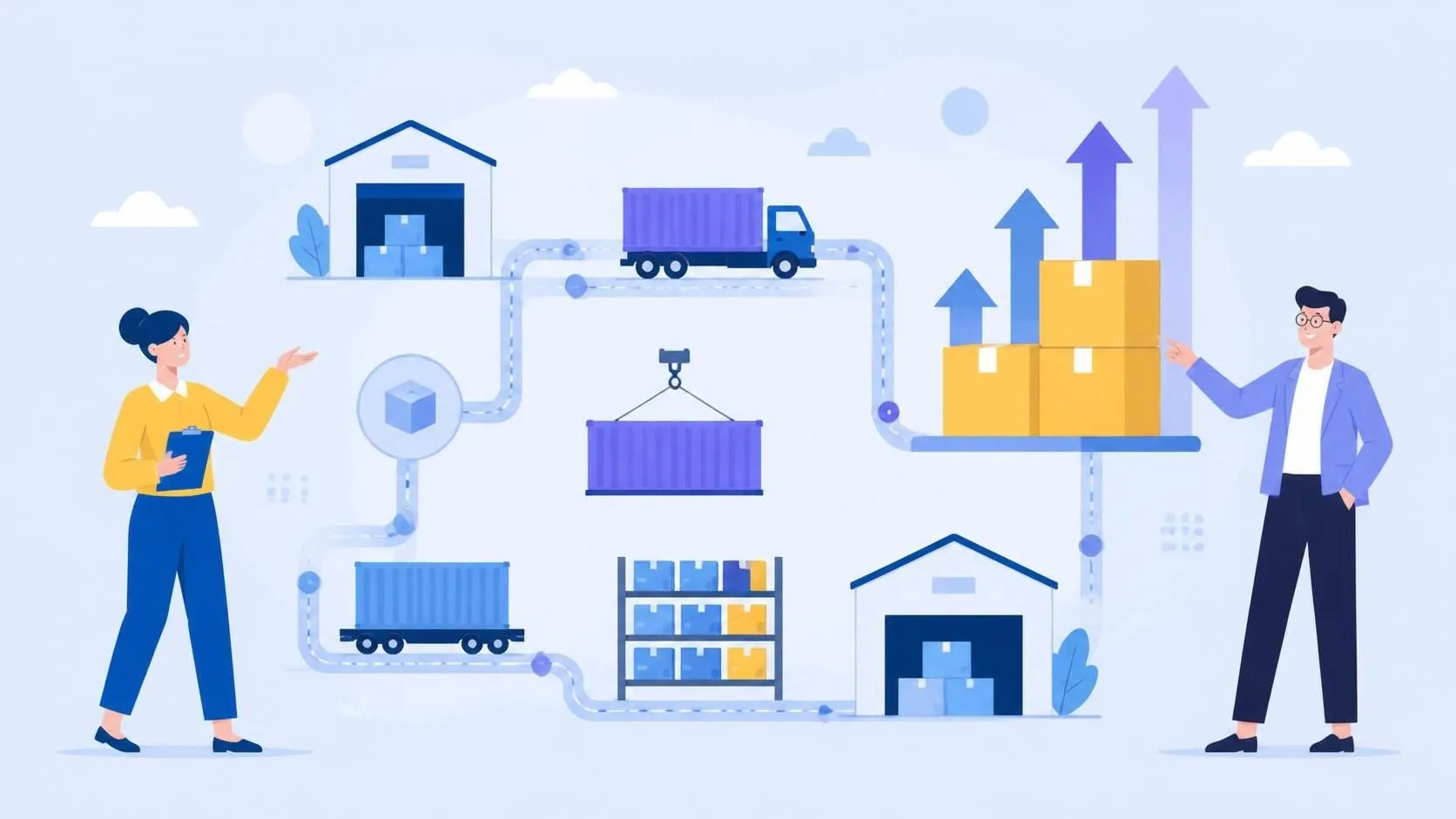 Diagram illustrating a supply chain network moving goods from warehouses to stores, with workers monitoring logistics and price increases shown by upward arrows