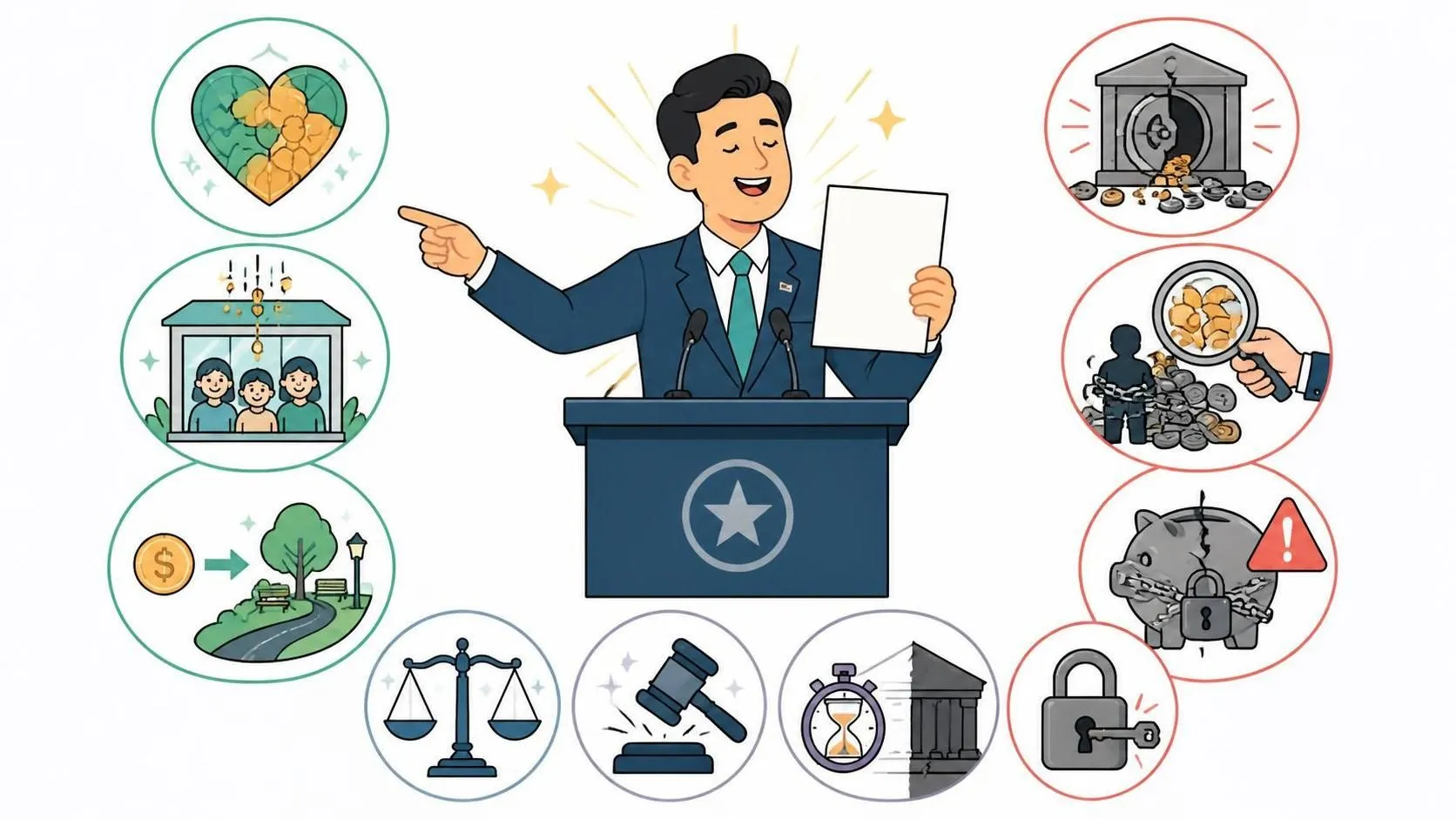 Illustration showing a government official at a podium with icons representing tax promises of public good and eventual misuse.