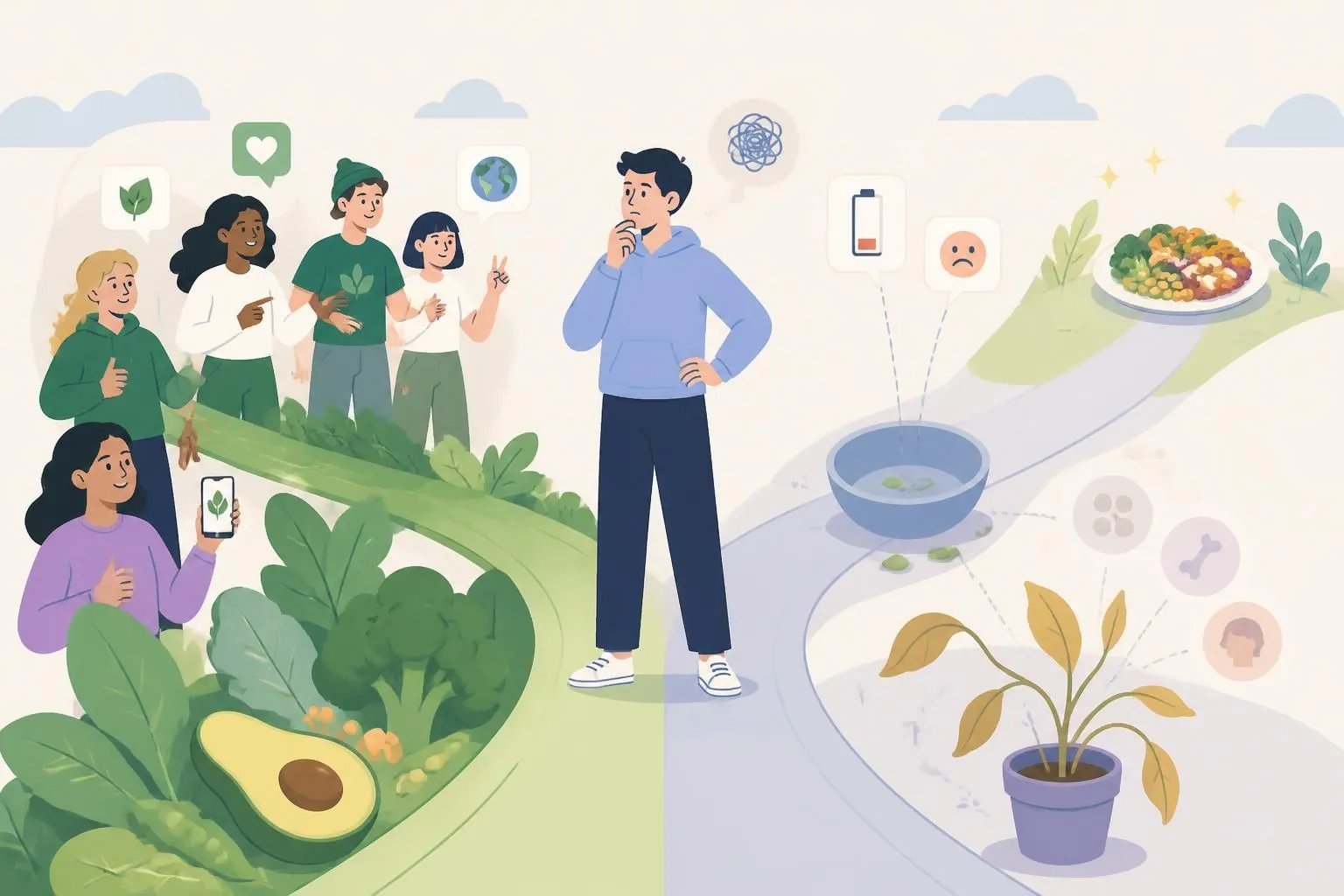 Illustration of a person influenced by peer pressure toward veganism, with nearby peers and subtle signs of nutritional imbalance